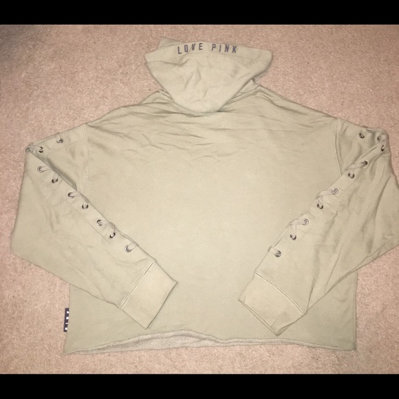 PINK Olive Green Cropped Lace Up Sweater - Picture 2 of 5